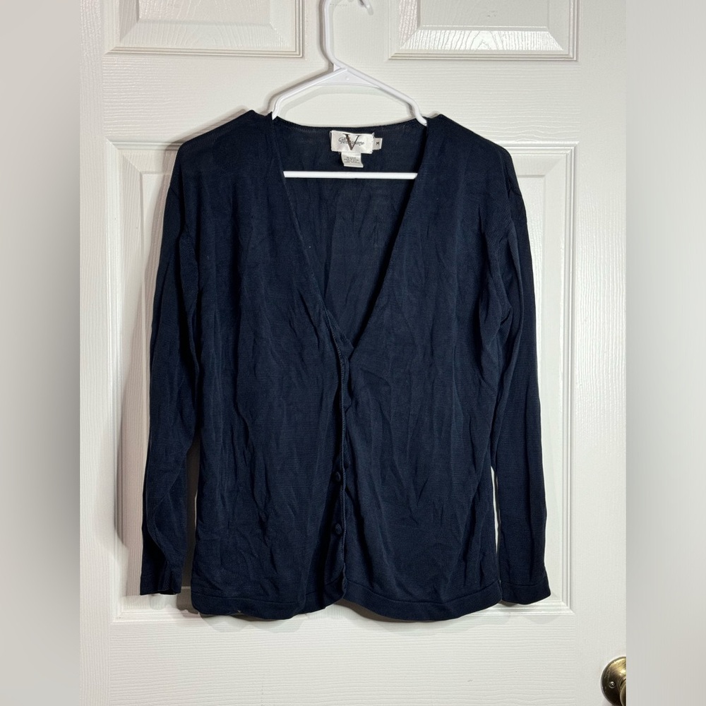 Verragamo Vintage Navy Blue 100% Silk Cardigan Size M